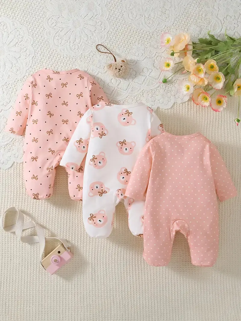 3-Piece Baby Girl Romper Set With Bear And Bow Designs 1