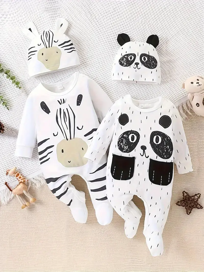 4-Piece Panda And Zebra Baby Romper Outfit Set 1