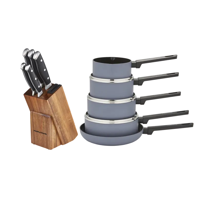 5-Piece Knife Block Set With Built-In Sharpener + 5-Piece Recycled Aluminium Saucepan Collection 1