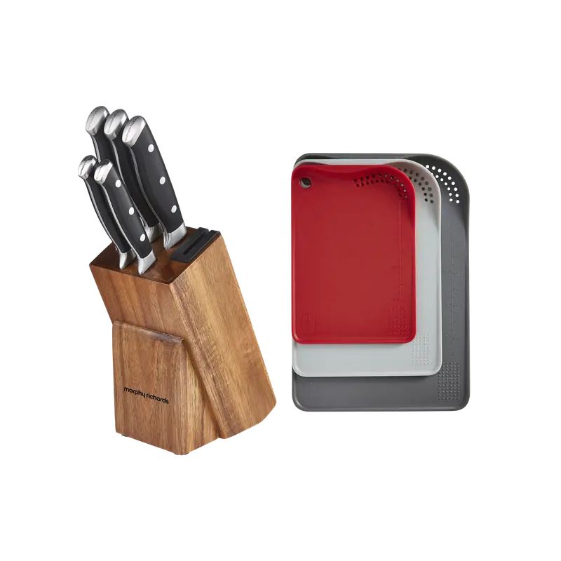 5-Piece Knife Block With Sharpener + Triple Chopping Board Set 1
