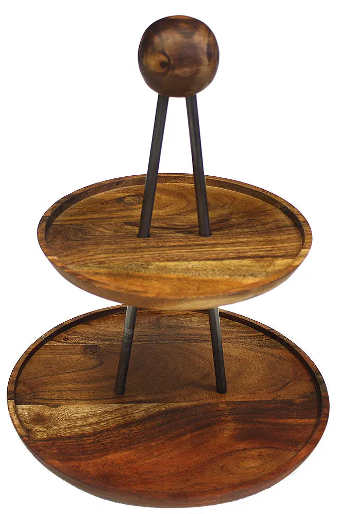Acacia Wood Two-Tier Serving Tray In Natural Brown – 14 Inch Rustic Stand 1