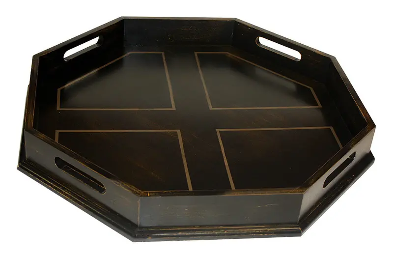 Antique Black Octagonal Ottoman Wooden Serving Tray With Handles – 22 Inch 1