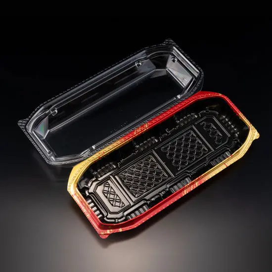Biopet Neo Shell Black/Red Hinged Sushi Tray – Clearance: 9.6" × 4.1", 400 Per Case 1