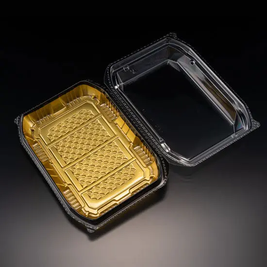 Biopet Neo Shell Gold Hinged Sushi Tray – Clearance: 8.2" × 5.8", 300 Per Case 1