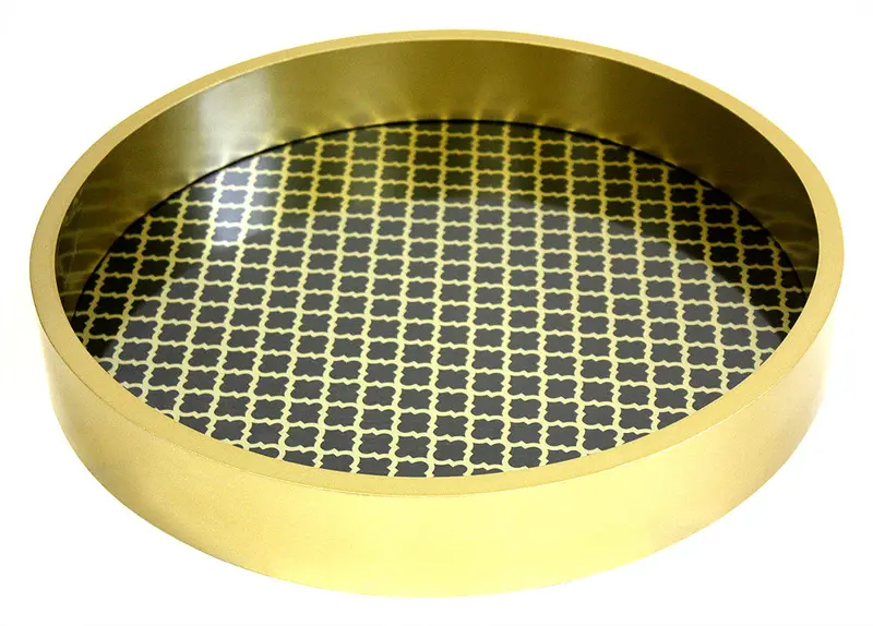 Black & Gold Round Wooden Serving Tray With Glass Base – 16 Inch 1