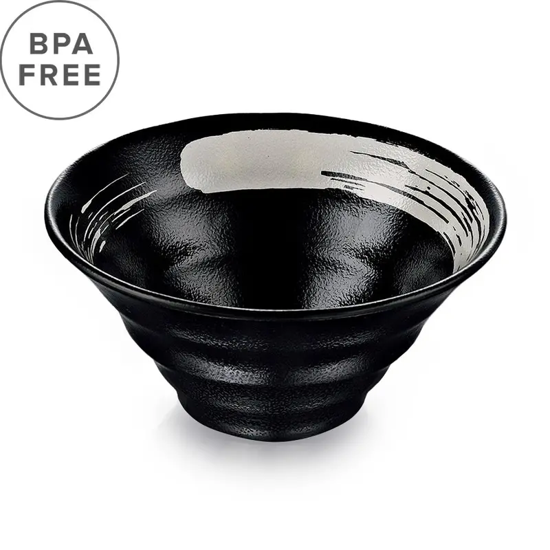 Black Grain Melamine Noodle Bowl – 57 Fl Oz (8.75" Diameter) With White Brushstroke Accent 1