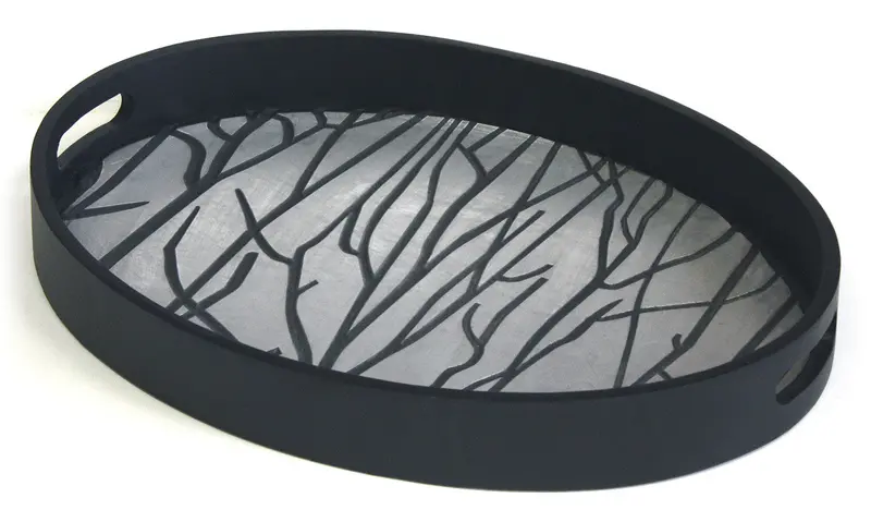 Black Oval Luxury Serving Tray – Tree Line Pattern With Brushed Aluminum, 21 Inches 1