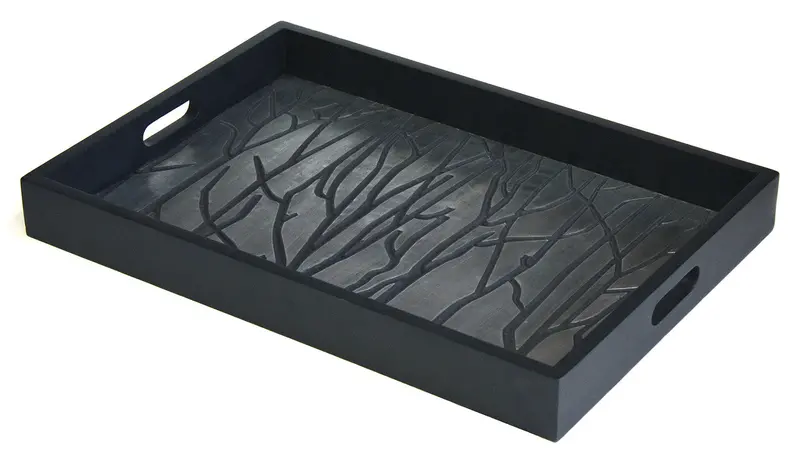 Black Tree Line Luxury Serving Tray – Brushed Aluminum Accents On Solid Wood, 23.25 Inches 1