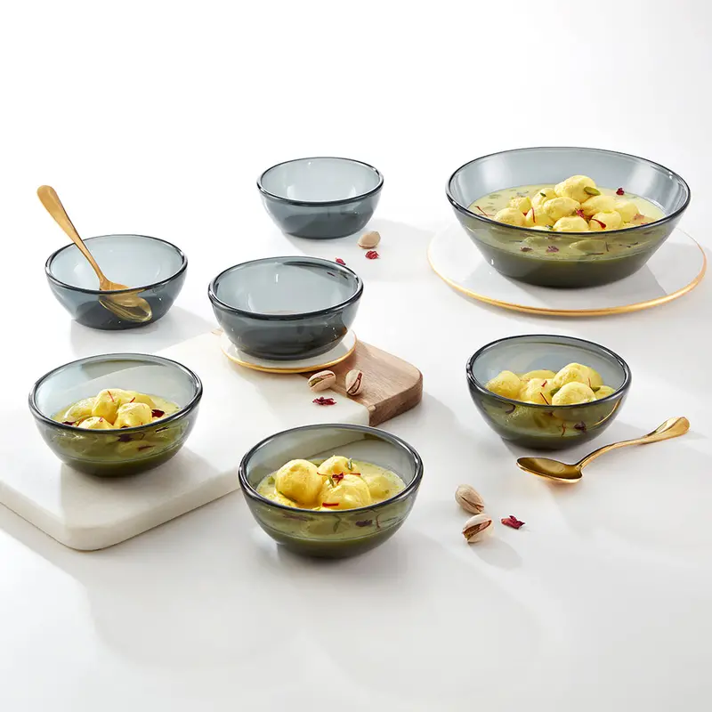 Borosil Aura Small Pudding Set – 7-Piece Grey Glass Dessertware 1