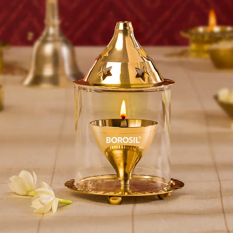 Borosil Handcrafted Brass Akhand Diya – Compact Size 1