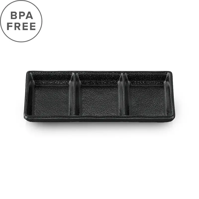 Clearance: Three-Compartment Melamine Condiment Dish – Black Grainy Finish, 7.7" × 3.3" 1