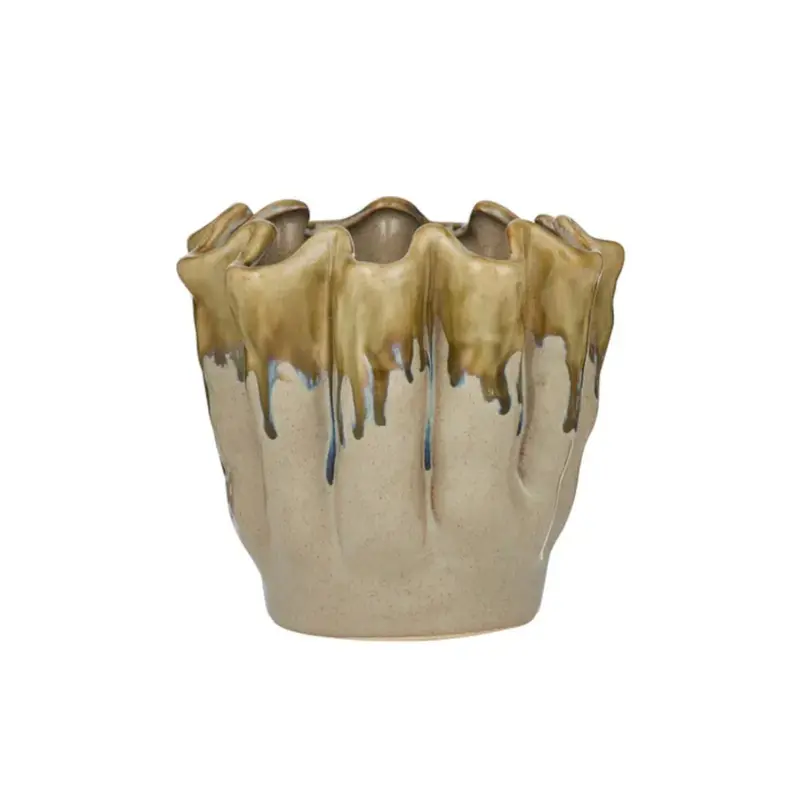 Coast To Coast Emery Ruffled Ceramic Pot – Warm Taupe Finish, 17 × 15 Cm 1