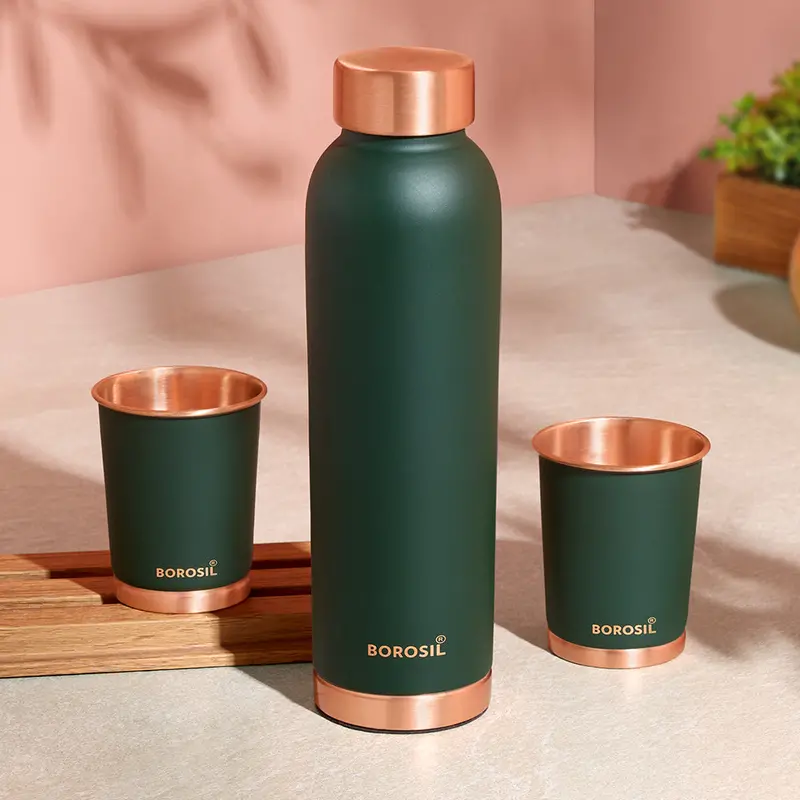 Eco Colour Copper Infusion Bottle With Complementary Glass – Emerald Green 1