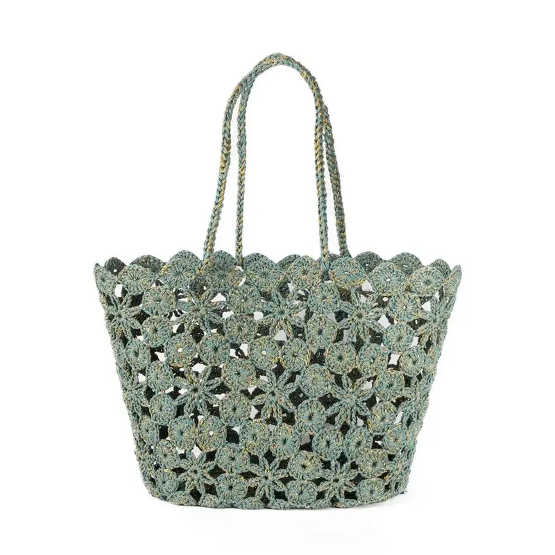 French Bazaar Jane Crochet Basket – Celadon Green With Gold Trim 1