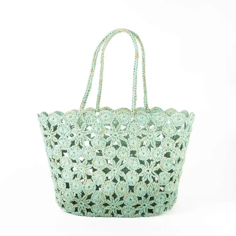 French Bazaar Jane Crochet Basket – Lagoon Blue & Metallic Gold 1