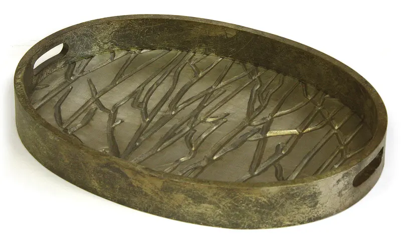 Golden Oval Luxury Serving Tray – Brushed Aluminum Details, 21 Inches 1