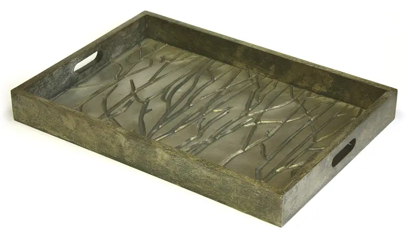 Golden Tree Line Luxury Serving Tray – Brushed Aluminum Trim, Solid Wood Base, 23.25 Inches 1