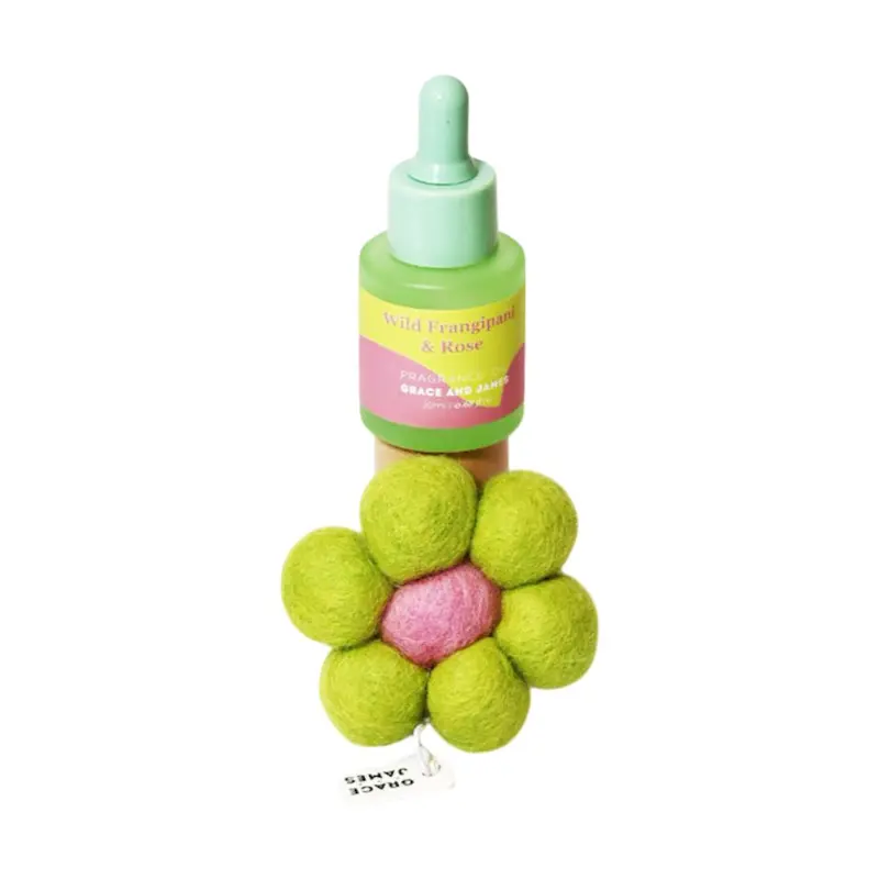 Grace & James Bloom Wild Frangipani & Rose Felt Car Air Freshener – 20Ml Refillable 1