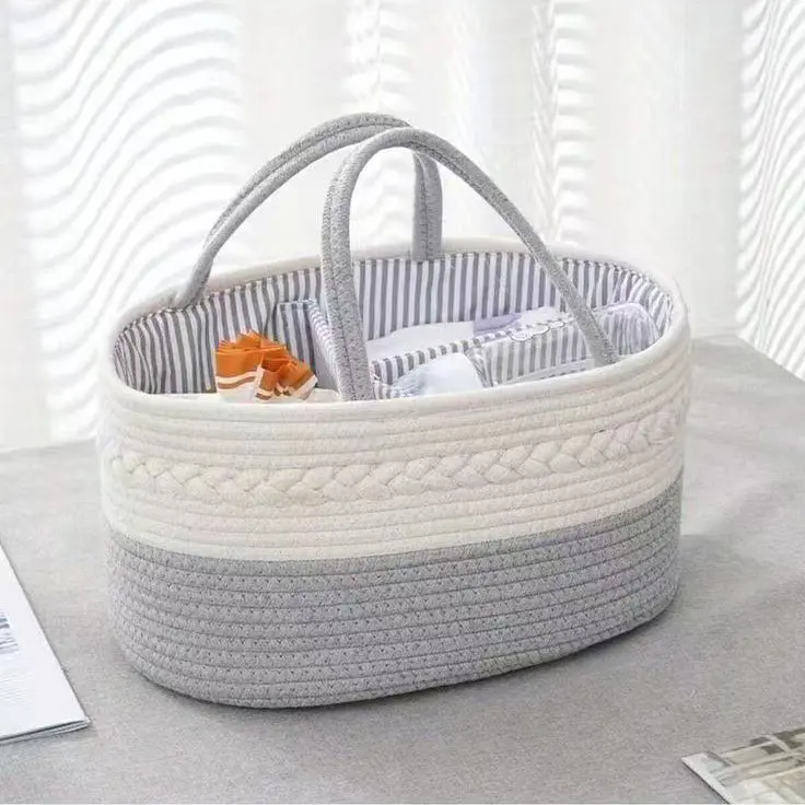 Grey Cotton Rope Diaper Bag – Stylish & Functional Carryall 1