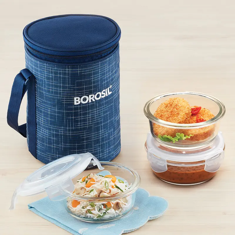 Indigo-Tinted Round Tempered Glass Food Box – Modern Minimalist Design 1