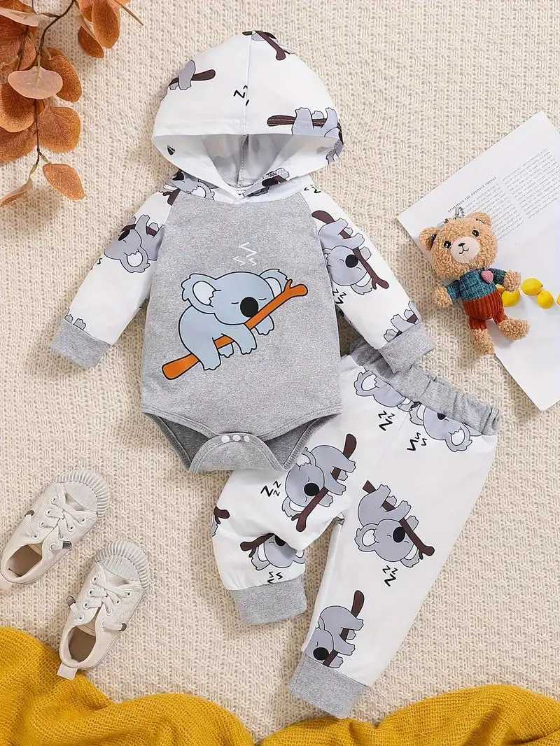 Koala-Themed Baby Hooded Romper And Matching Pants Set 1