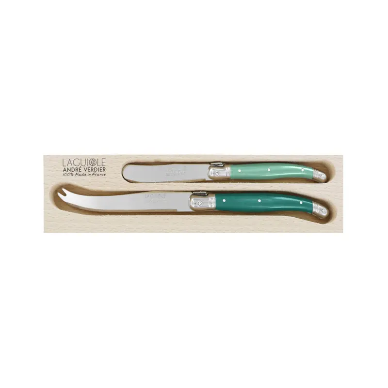 Laguiole Andre Verdier Debutant Cheese Knife Set – 2-Piece Forest Green Finish 1