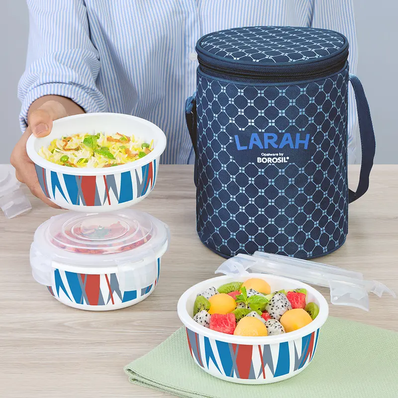 Larah Geo Orange Blue-Toned Round Lunch Container 1
