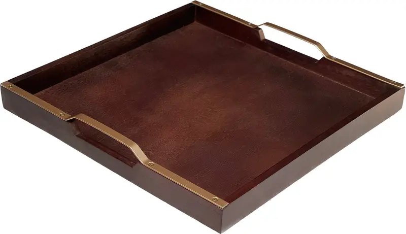 Medium Brown Wooden Serving Tray With Copper-Finished Handles – 16 Inch 1