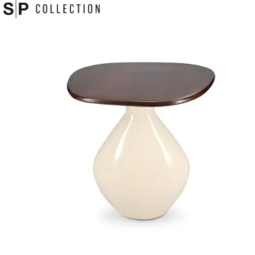 Mio Slim Side Table – Ivory Base With Solid Wood Top (41×36×40 Cm) 1