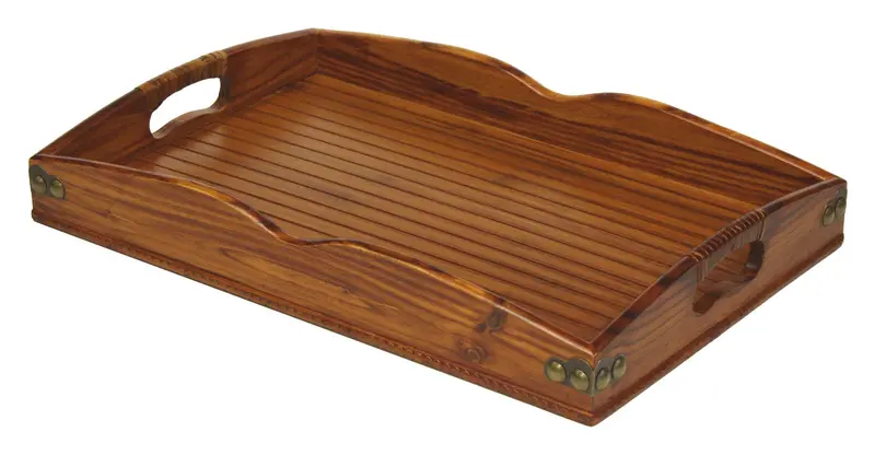 Mountain Woods Brown Valencia-Inspired Serving Tray – Antique-Style Hardwood & Bamboo Design With Rattan & Metal Accents (20.5") 1