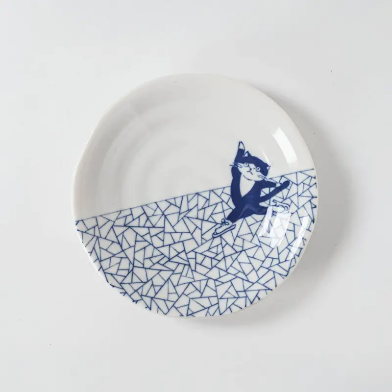 Shichita Someneko Hyoretsumon Blue Cat Plate – 5.1" Frost-Motif Ceramic Dish 1