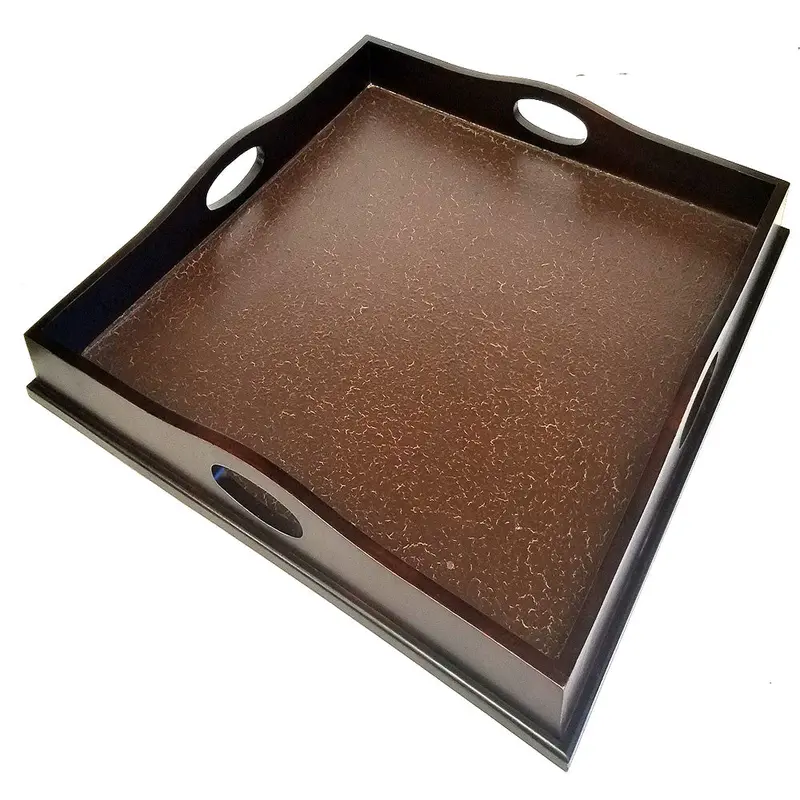 Square Ottoman Serving Tray With Crackled Antique Finish – 23 Inch Wooden Luxury Tray 1