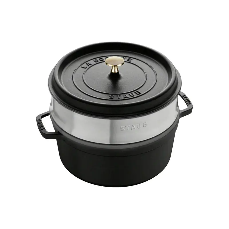 Staub 26Cm Black Round Cocotte With Integrated Steamer Insert 1