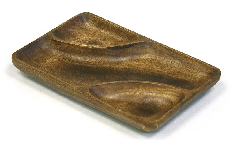 Three-Compartment Organic Acacia Serving Tray – 12.25-Inch Wavy Edge Design 1