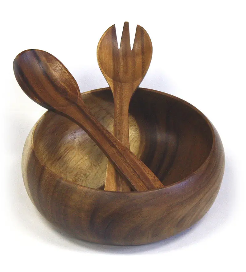 Three-Piece Calabash Bowl & Utensils Set – 10-Inch Organic Acacia Mountain Woods Brown Collection 1