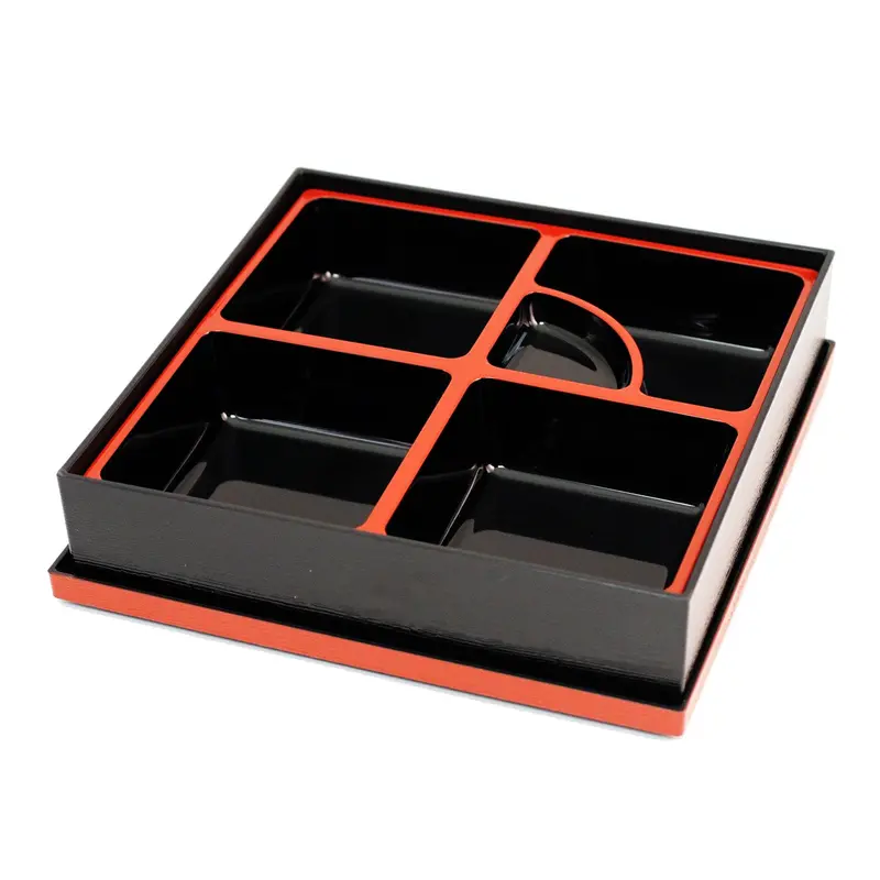 Traditional Shokado Bento Box – Black Square Design With Red Accents, 9.96" × 9.96" 1