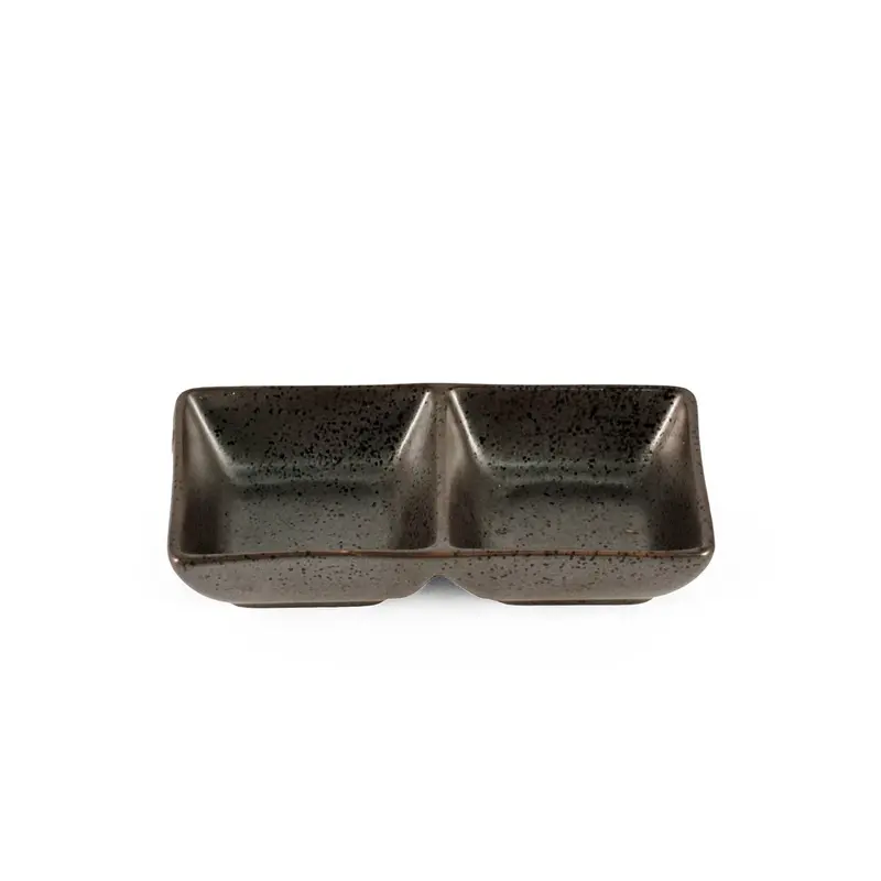Two-Compartment Sauce Dish – Metallic Gray With Black Speckles, 5.5" × 2.75" 1