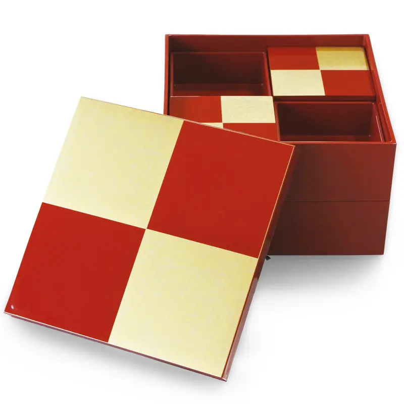 Two-Tier Ojyu Bento Box – Red & Gold Ichimatsu Pattern, 4 Compartments + 2 Lids 1