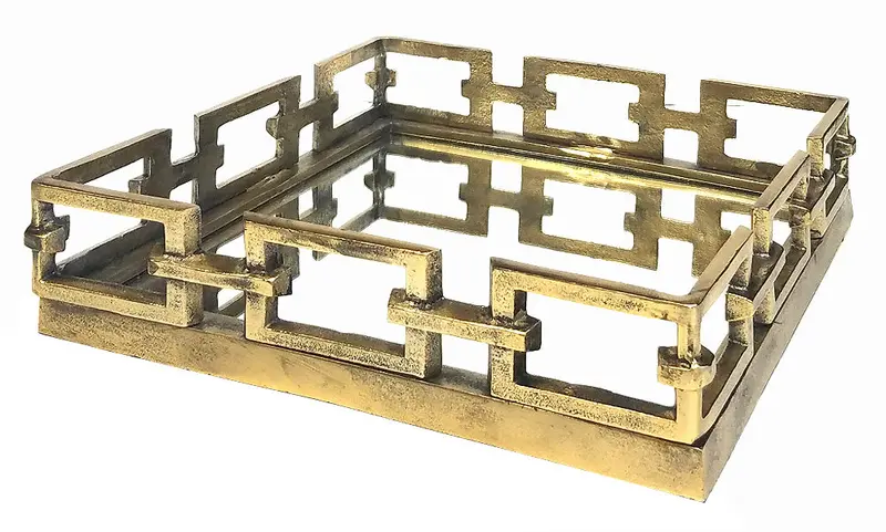 Zuccor Antique Brass Ottoman Tray – Square Mirror-Embedded Design, 14.5" 1
